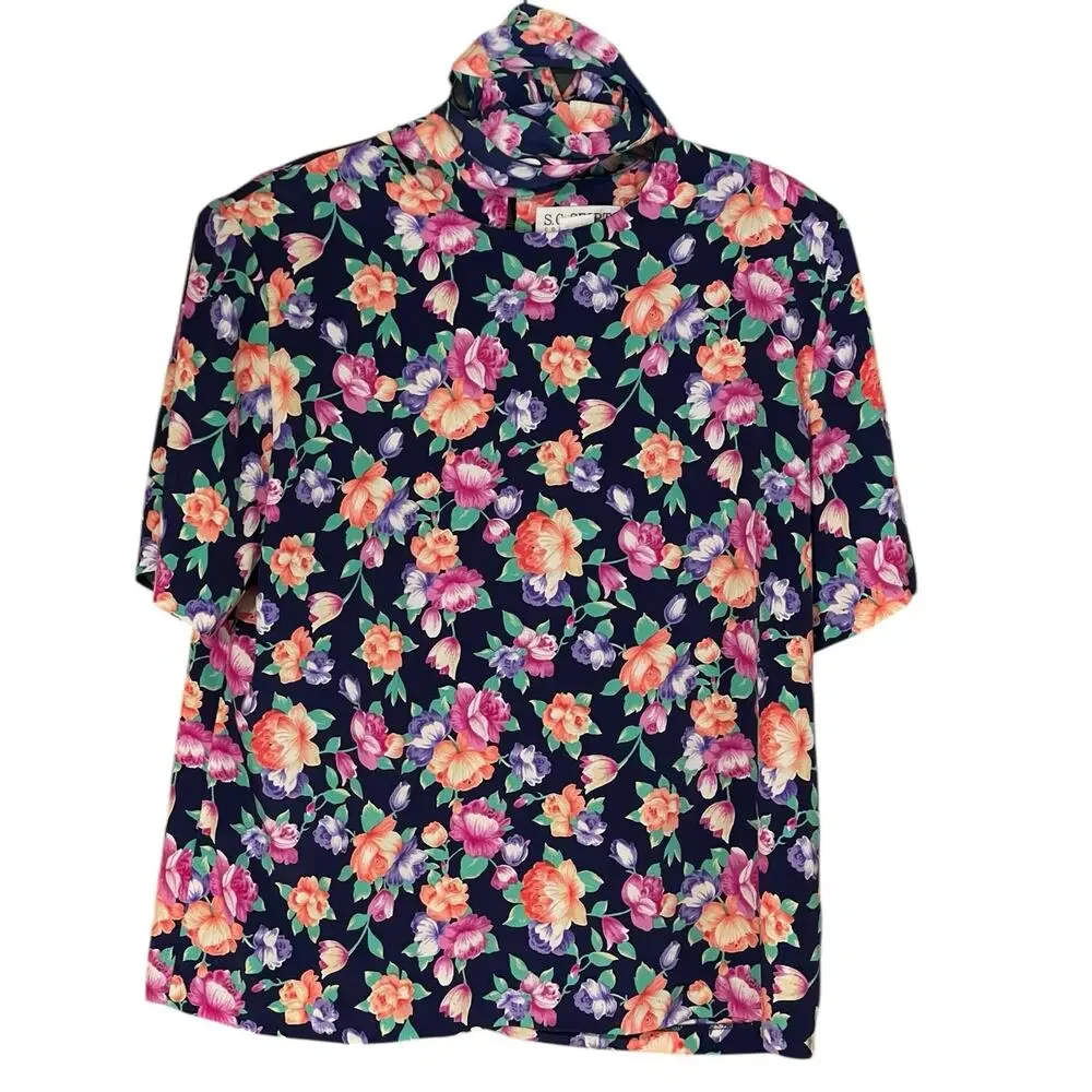 Susan Graver S.G. Sport Vintage Large Blue Floral Short Sleeve Top & Belt/Scarf